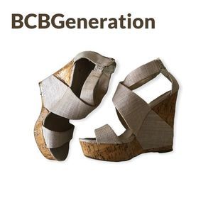 BCBGeneration Rando Corkwood Wedges Platform Tan Open Toe Zip Heel  Size 7